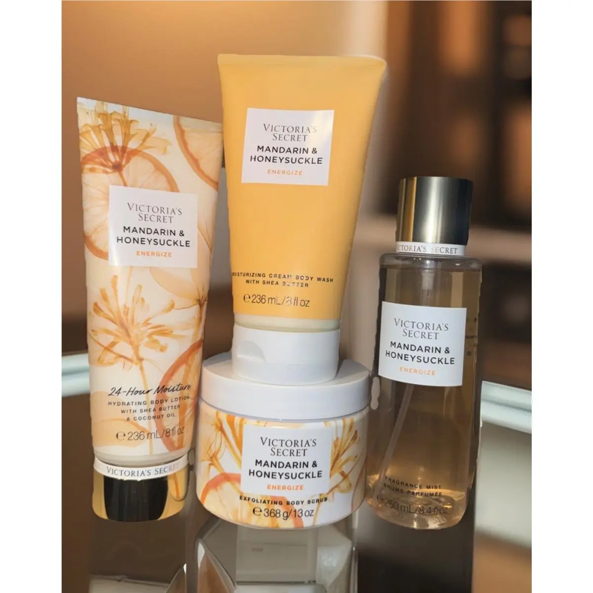 Victoria`s Secret Mandarin Honeysuckle Set-body Scrub/Mist/Wash/Lotion-4 PC