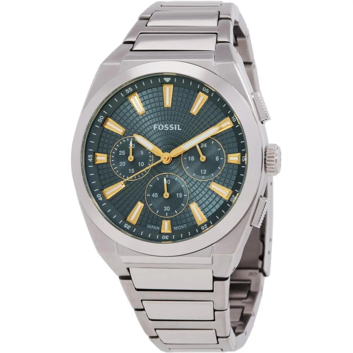 Fossil Men`s Watch Everett Quartz Chrono Blue Dial Silver Tone Bracelet FS6154 - Dial: Blue, Band: Silver