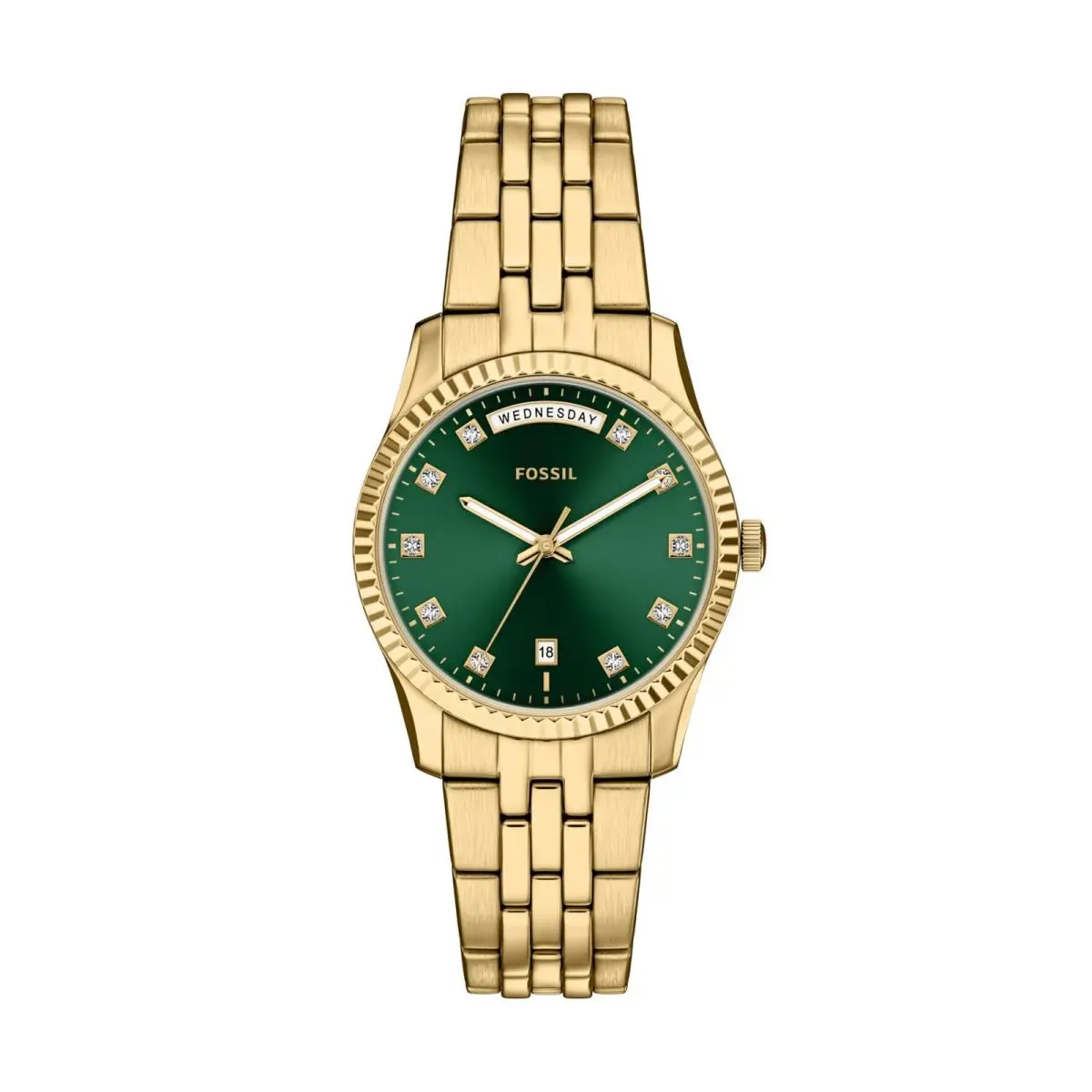 Women`s Scarlette Three-hand Day-date Gold-tone 34MM Gold/green by Fossil
