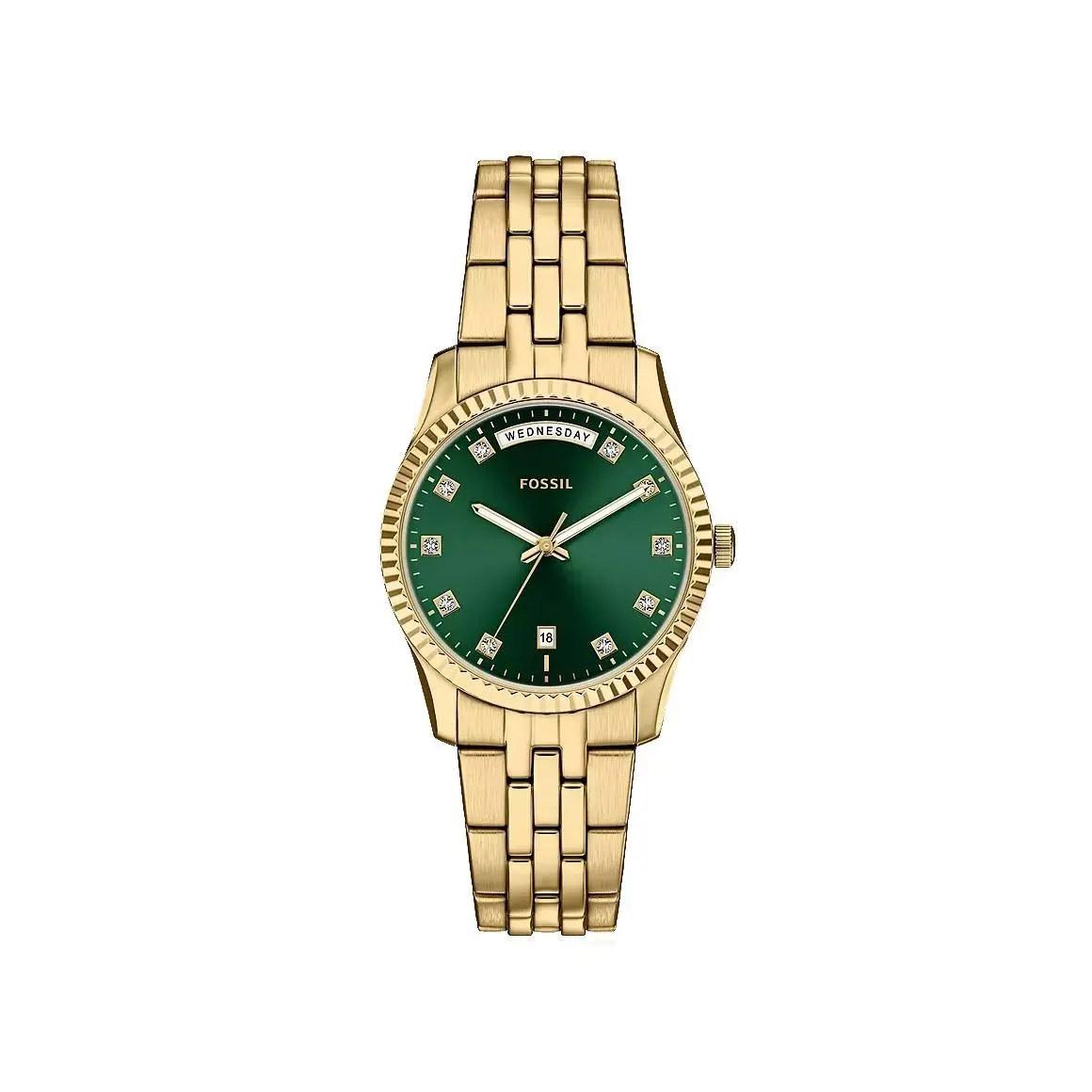 Fossil ES5460 Women`s Scarlette Gold Tone Green Dial Day Date Watch - Dial: Green, Band: Gold, Bezel: Gold