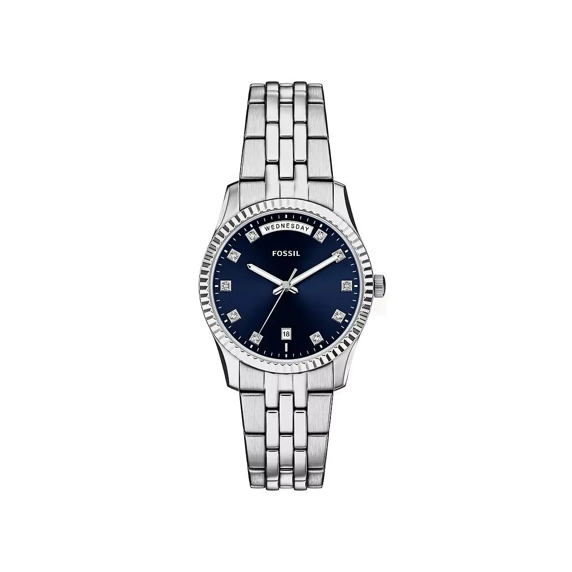 Fossil ES5457 Women`s Scarlette Stainless Steel Blue Dial Day Date Watch - Dial: Blue, Band: Silver, Bezel: Gold