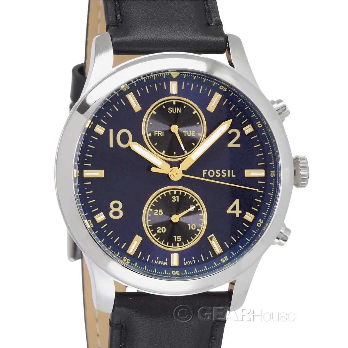Fossil Bennett Mens Multifunction Watch Blue Gold Dial Date Black Leather Band