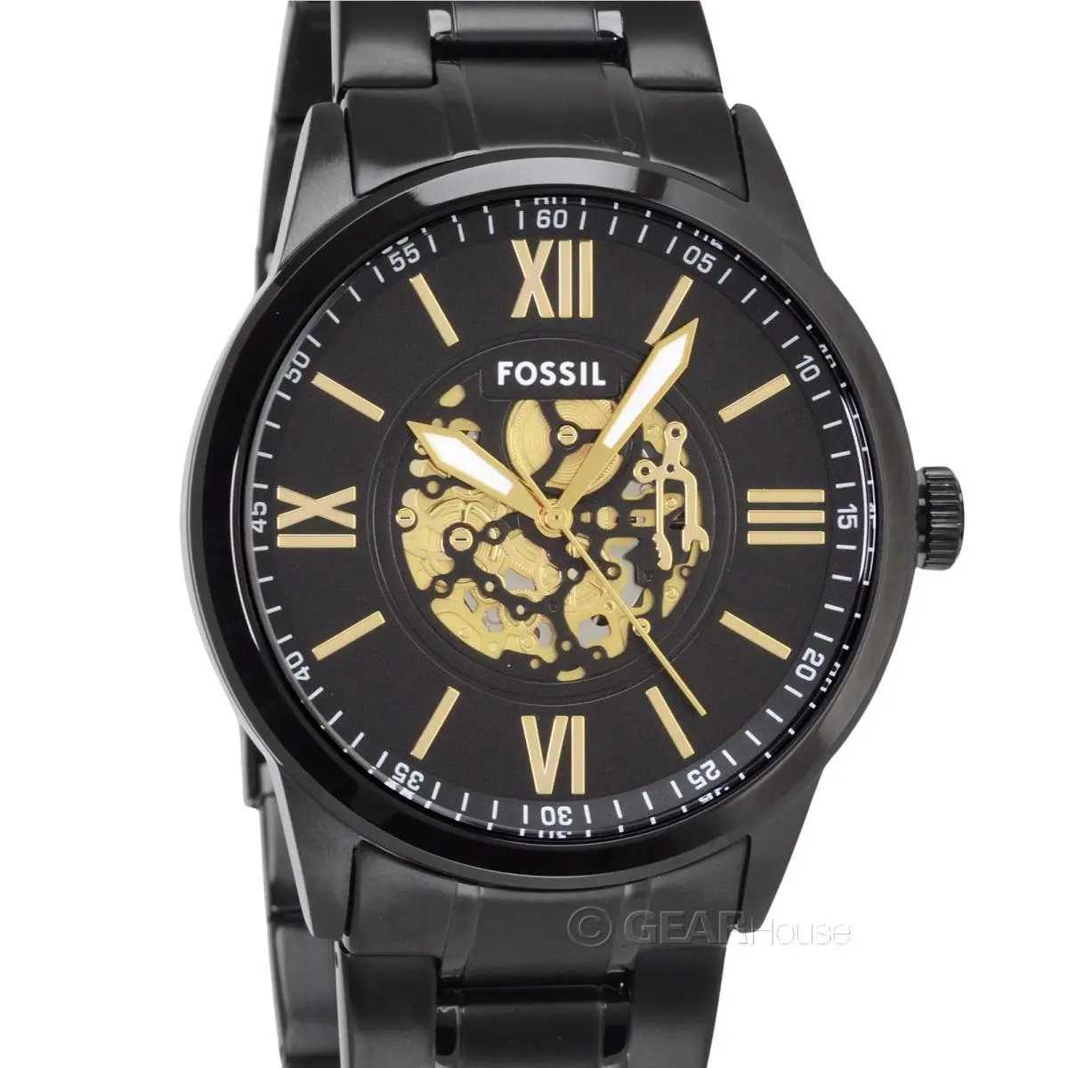 Fossil Flynn Mens 48mm Watch Large Black Gold Dial Stainless Steel Band