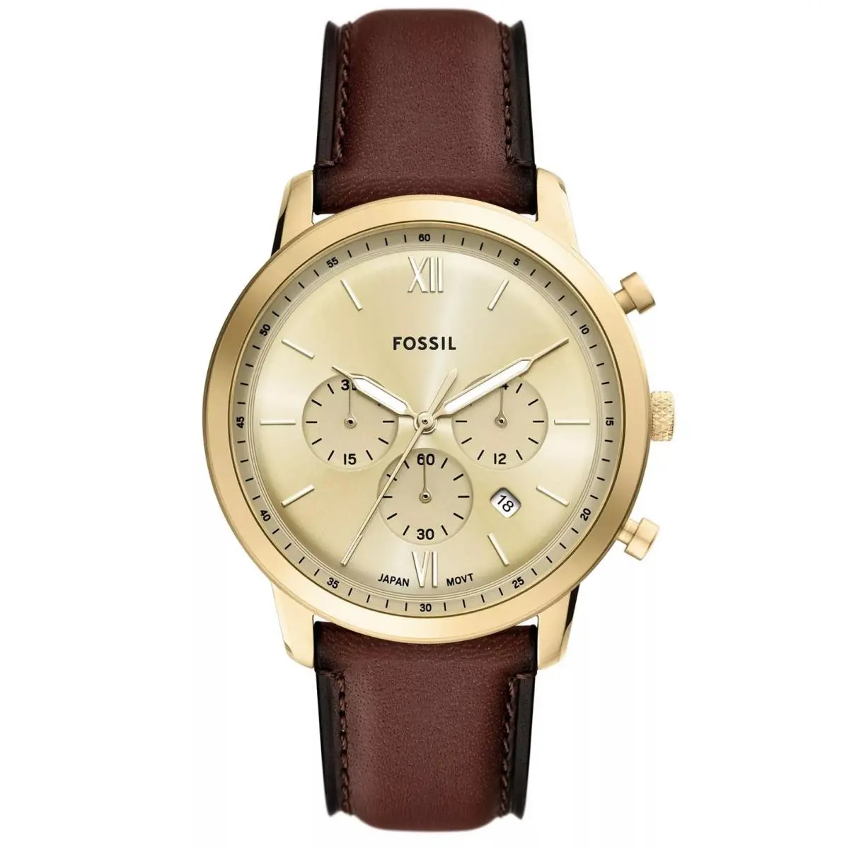 Fossil FS6113 Men`s Neutra Gold Tone Leather Gold Dial Chronograph Analog Watch - Dial: Gold, Band: Brown, Bezel: Silver