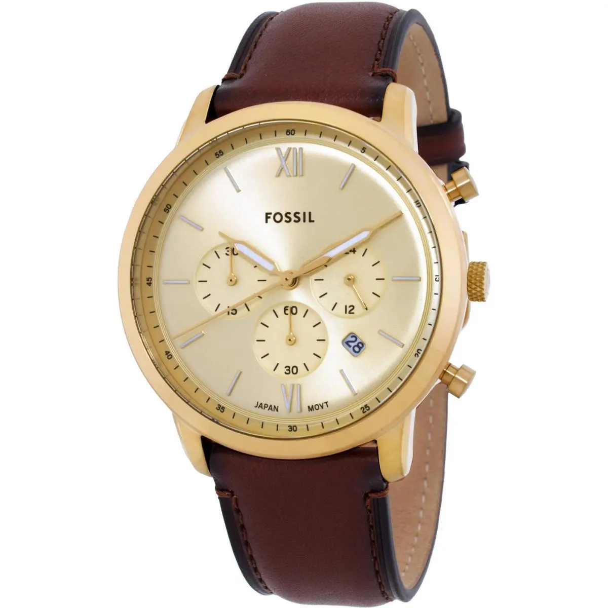 Fossil Men`s Watch Neutra Quartz Chrono Gold Tone Dial Brown Strap Watch FS6113 - Dial: Gold, Band: Brown