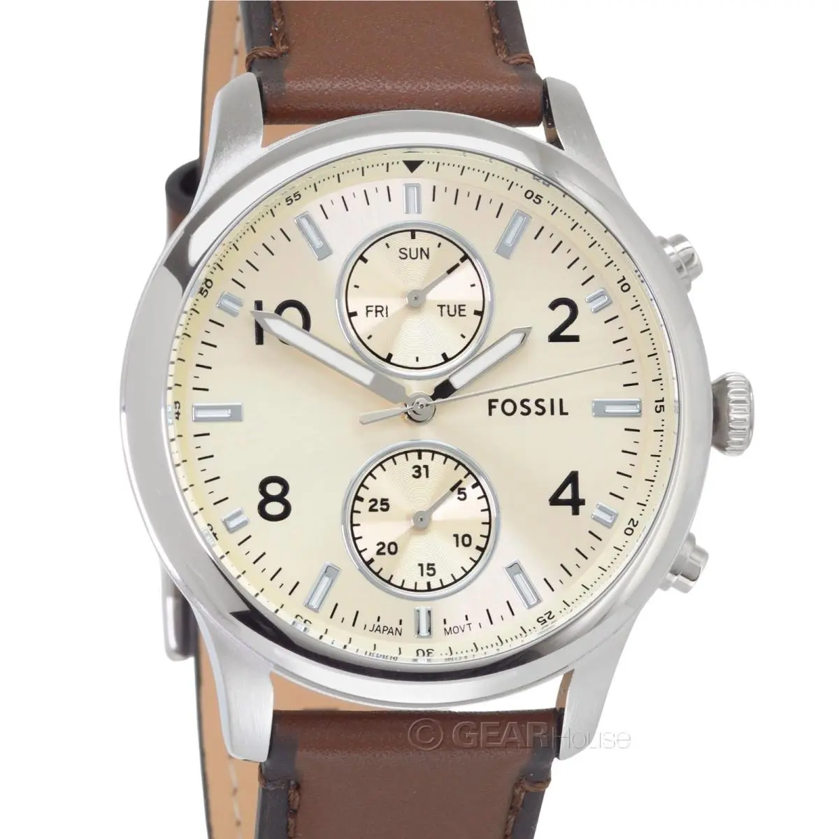 Fossil Bennett Mens Multifunction Watch Cream Dial Day Date Brown Leather Strap