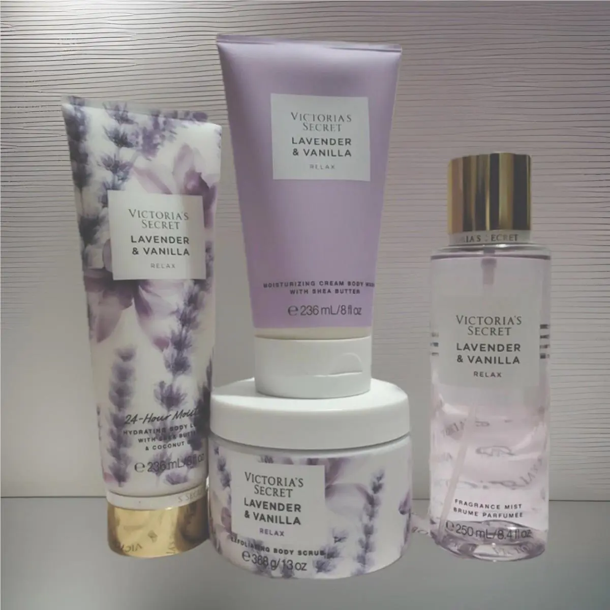 Victoria`s Secret Lavender Vanilla Relax Set- Body SCRUB/MIST/WASH/LOTION-4 PC