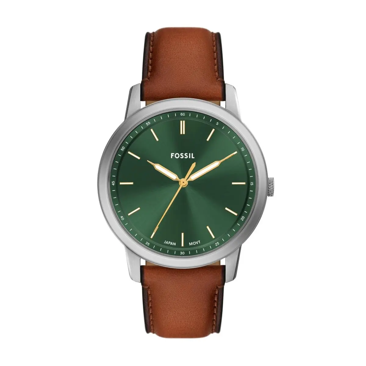 Men`s Minimalist Quartz Stainless Steel and Brown Leather/silver/green by Fossil