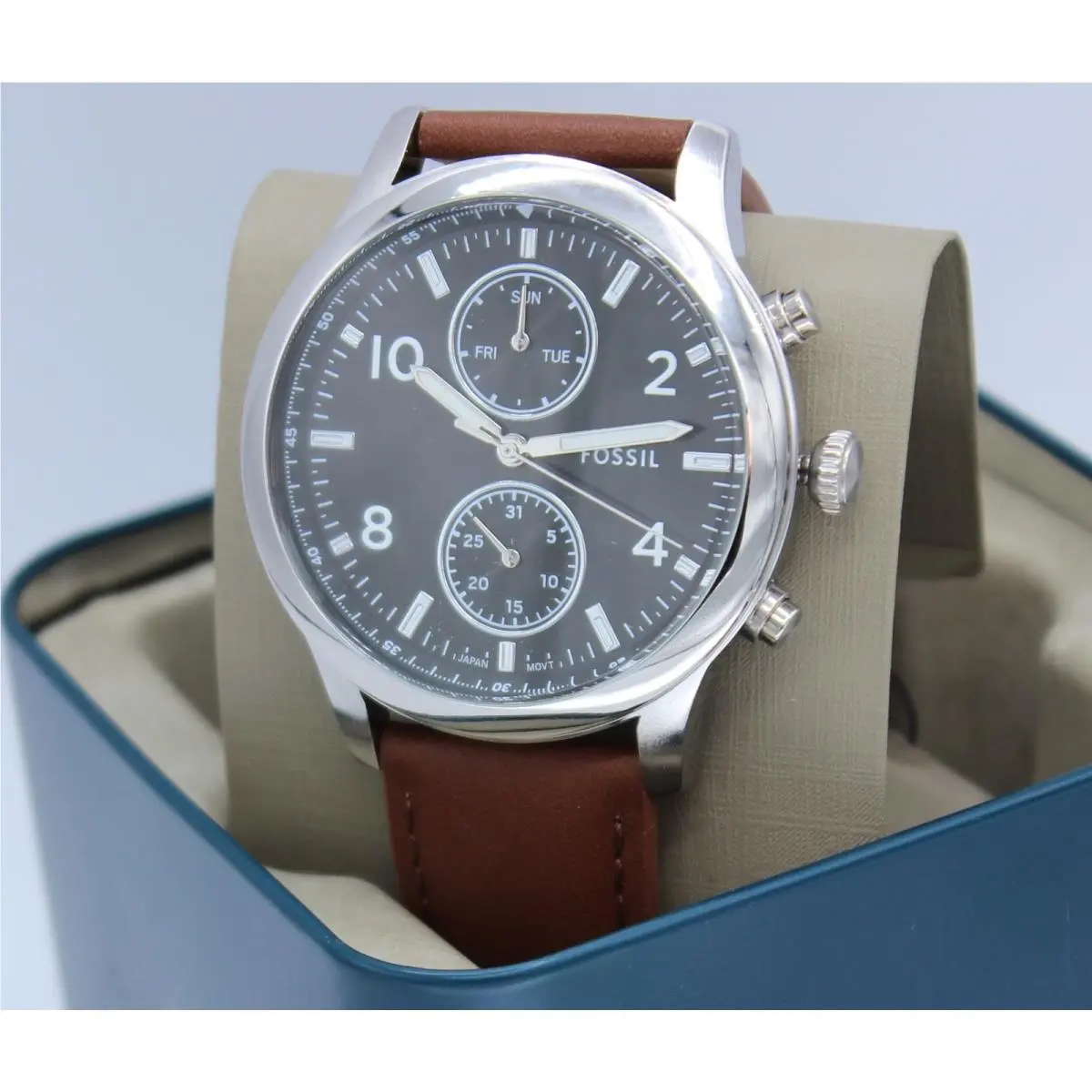 Fossil Bennett Silver Black Brown Leather Chrono BQM7091 Men Watch