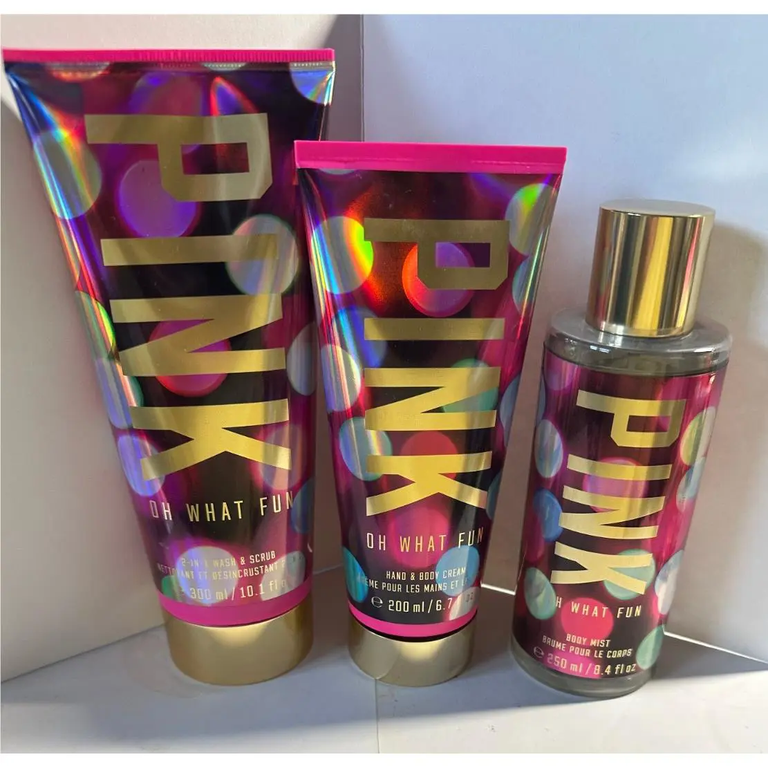 Victoria`s Secret Pink Oh What Fun 3 pc Body Mist Body Cream Body Wash
