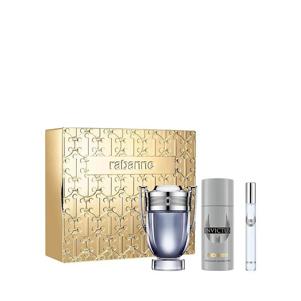 Rabanne Paco Invictus 3-Piece Gift Set For Men 3.4 Oz Eau De Toilette Spray + - Silver