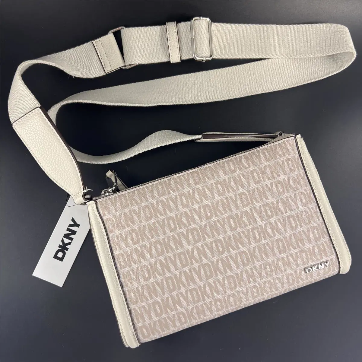 Dkny Women’s Milo Crossbody Bag Hemp White Wide Strap Pebble with Zip