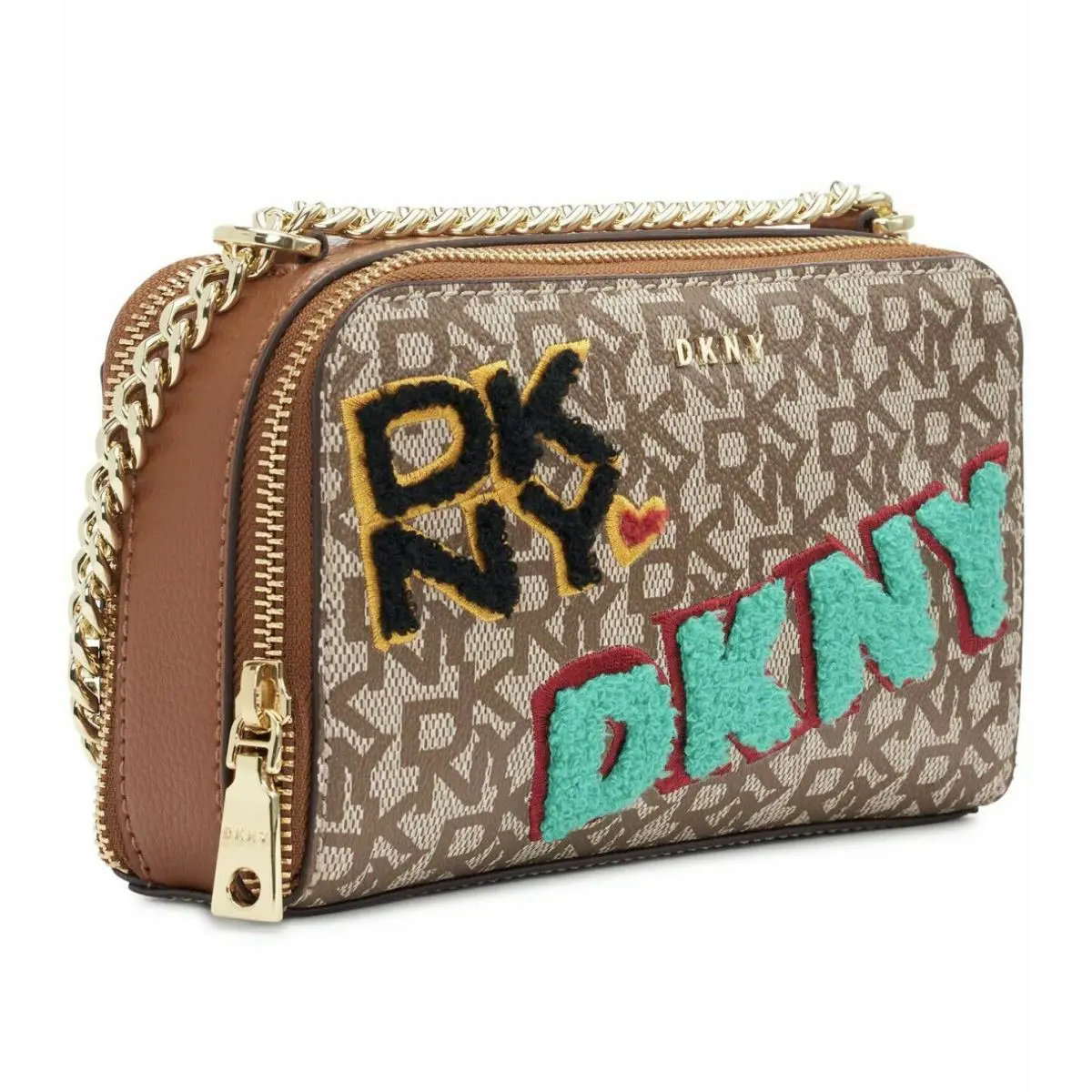 Dkny Crossbody Felicia Double Zip Around Leather Signature Logo Patch Gold Cha
