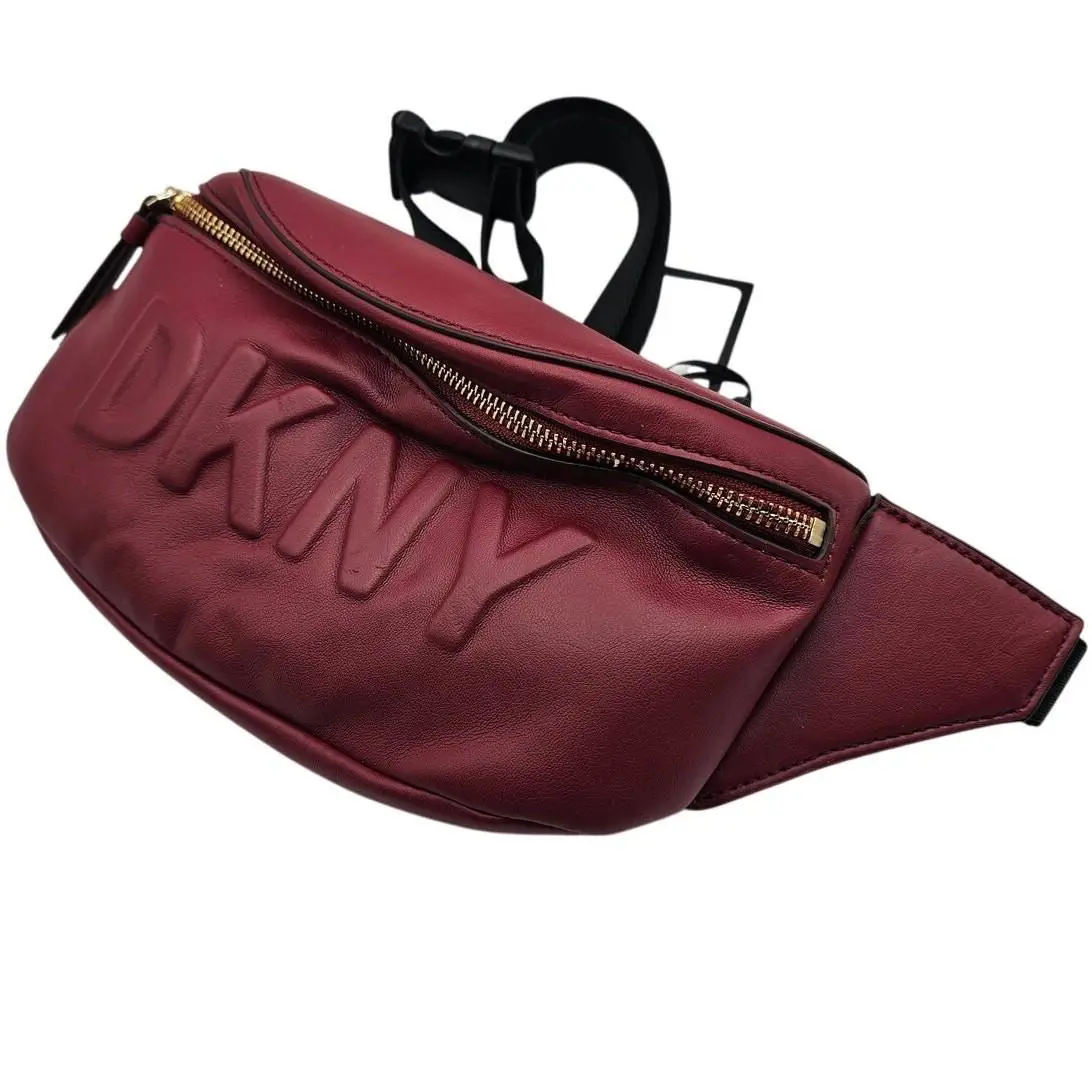 Dkny Tilly Logo Fanny Pack Waist Belt Bag Leather Gold Gunmetal - Exterior: Red