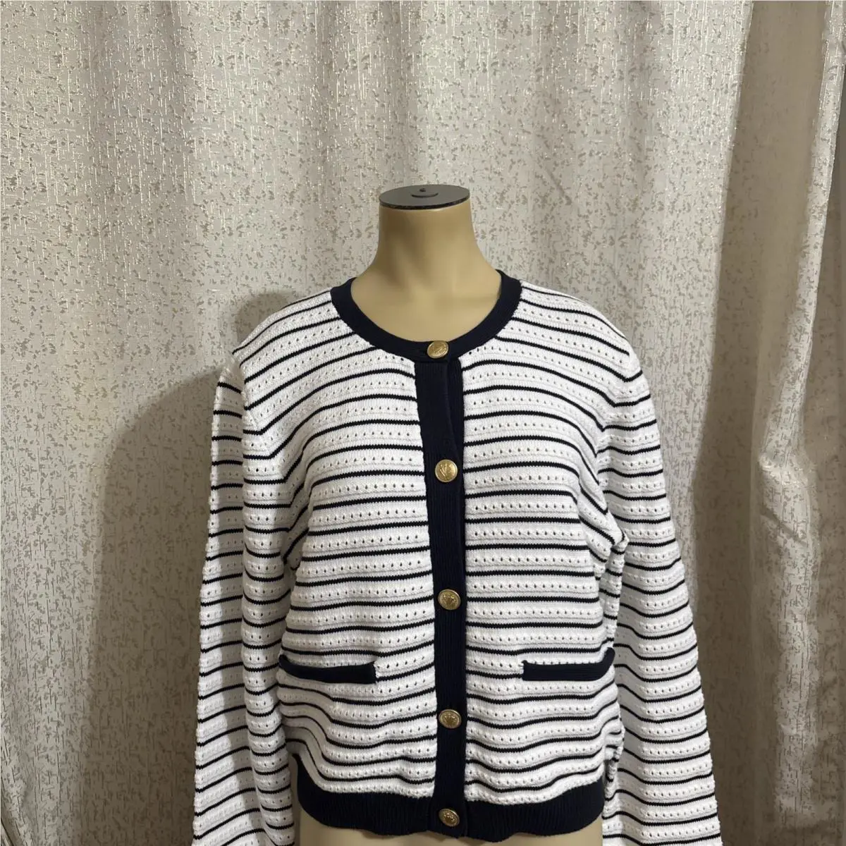 Rag Bone Evelyn Stripe Organic Cotton Blend Ivory/ Black Cardigan Large
