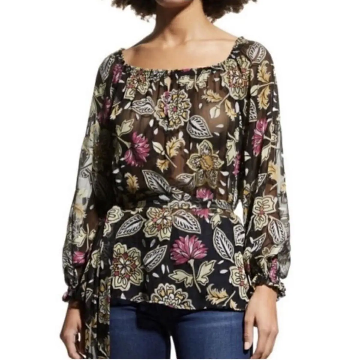 Rag Bone Sheer Floral Top Sierra Multi Black Sz XS Belt Not Included