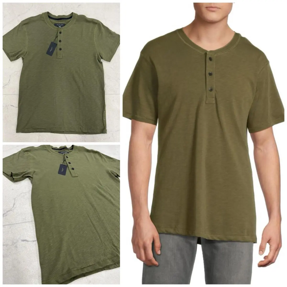 Men`s Rag Bone Slub Jersey Short Sleeve Henley In Dark Army Size XL by Rag & Bone