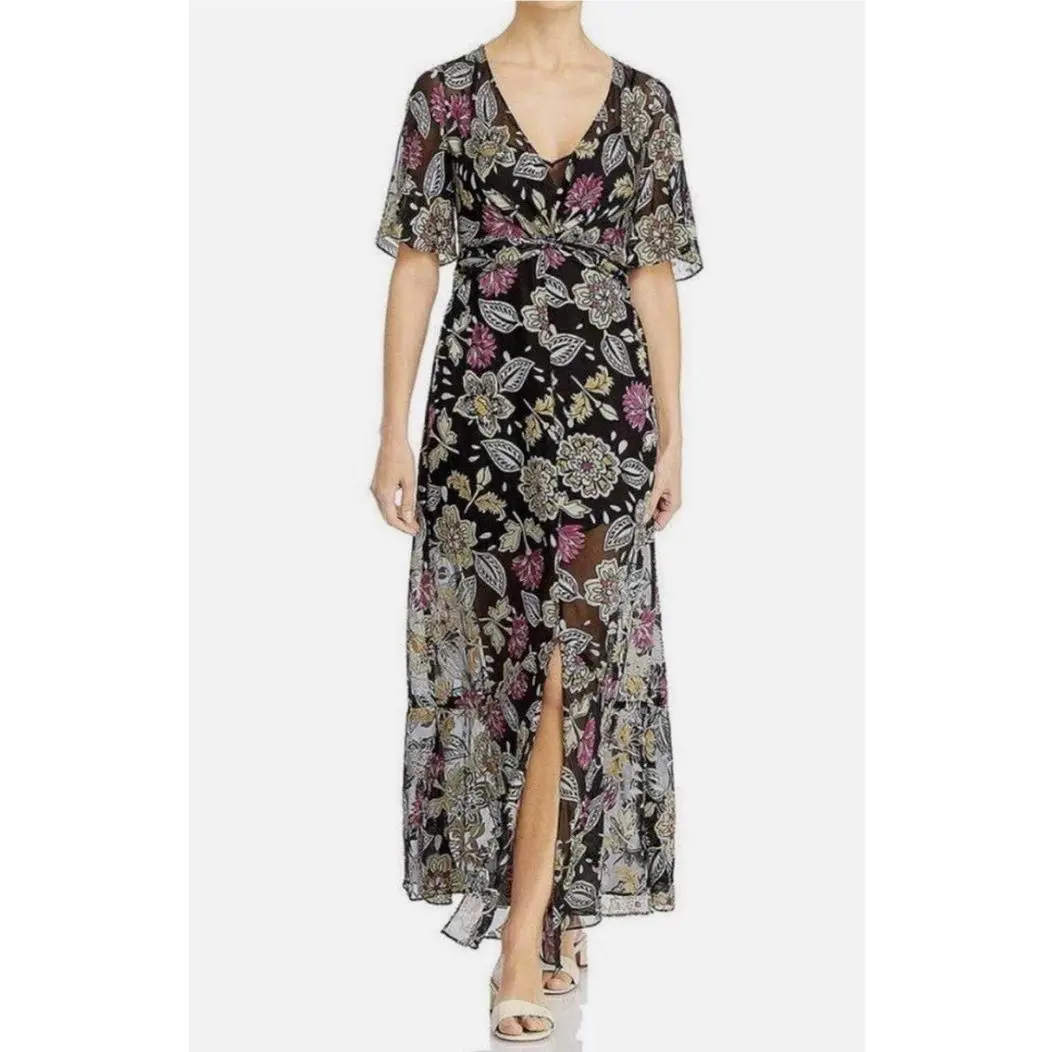 Rag Bone Womens Maxi Dress Multi Black Tamar Lined Chiffon Floral Sz 8 525