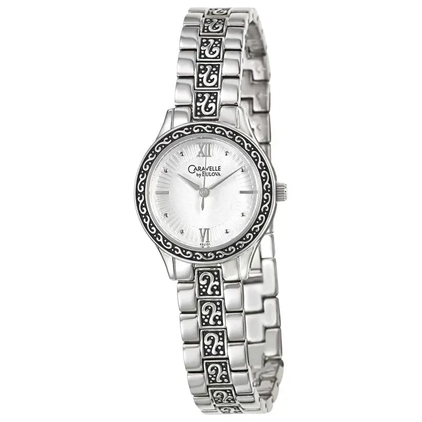 Caravelle by Bulova 43L131 Silver and Black Tone Stainless Steel Ladies Watch - Dial: White, Band: Black, Silver, Bezel: Black, Silver
