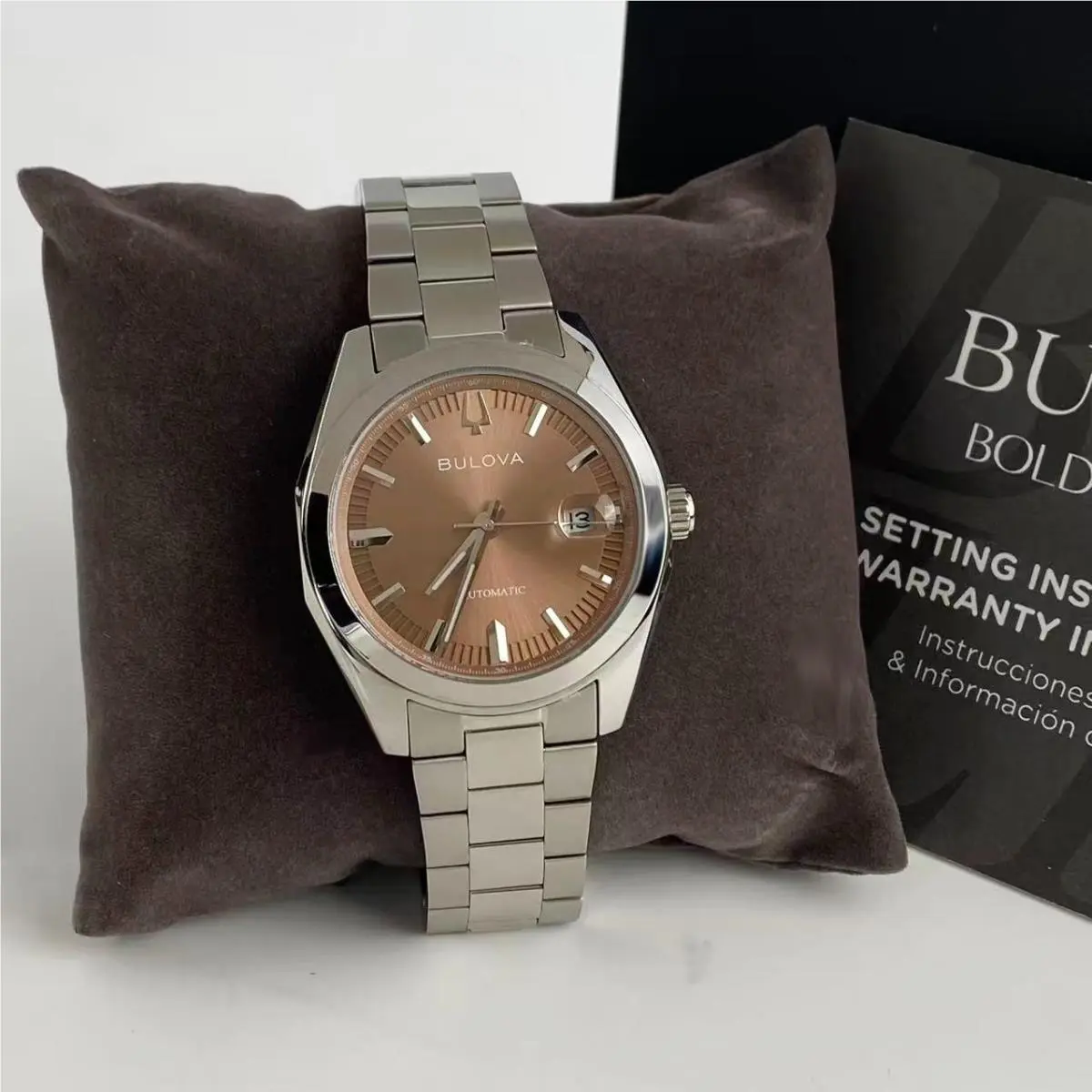 Surveyor Men`s Automatic Watch Brown Dial Stainless Steel 39mm 96B470 by Bulova