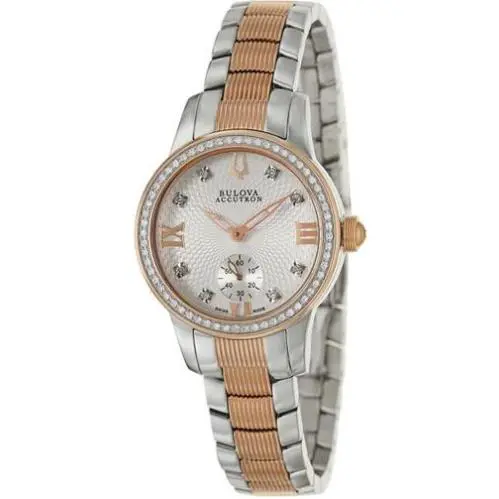 Bulova Accutron Masella 65R139 Women`s Analog Round Diamonds Two-tone Watch - Dial: White, Band: Silver, Gold, Bezel: Gold