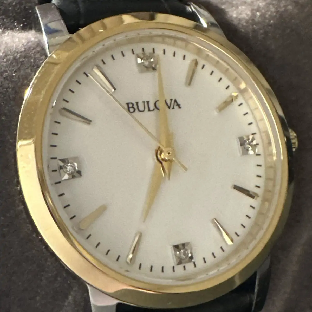 Bulova Women`s Diamond Accent Black Leather Strap 98P225