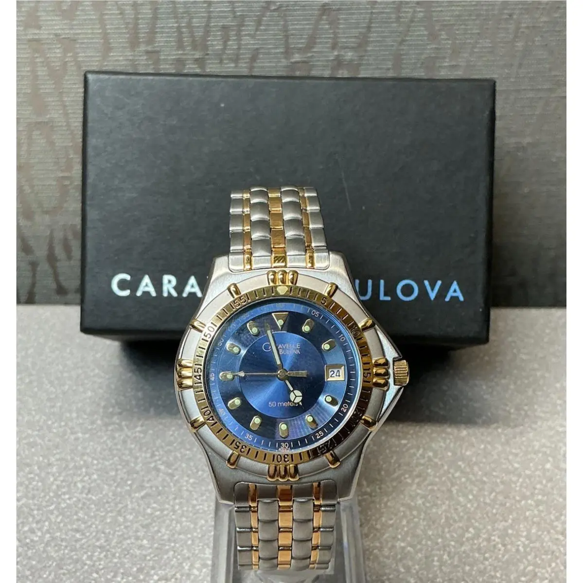 Caravelle Bulova 38mm Blue Dial Diver Date Mens Watch Silver Gold
