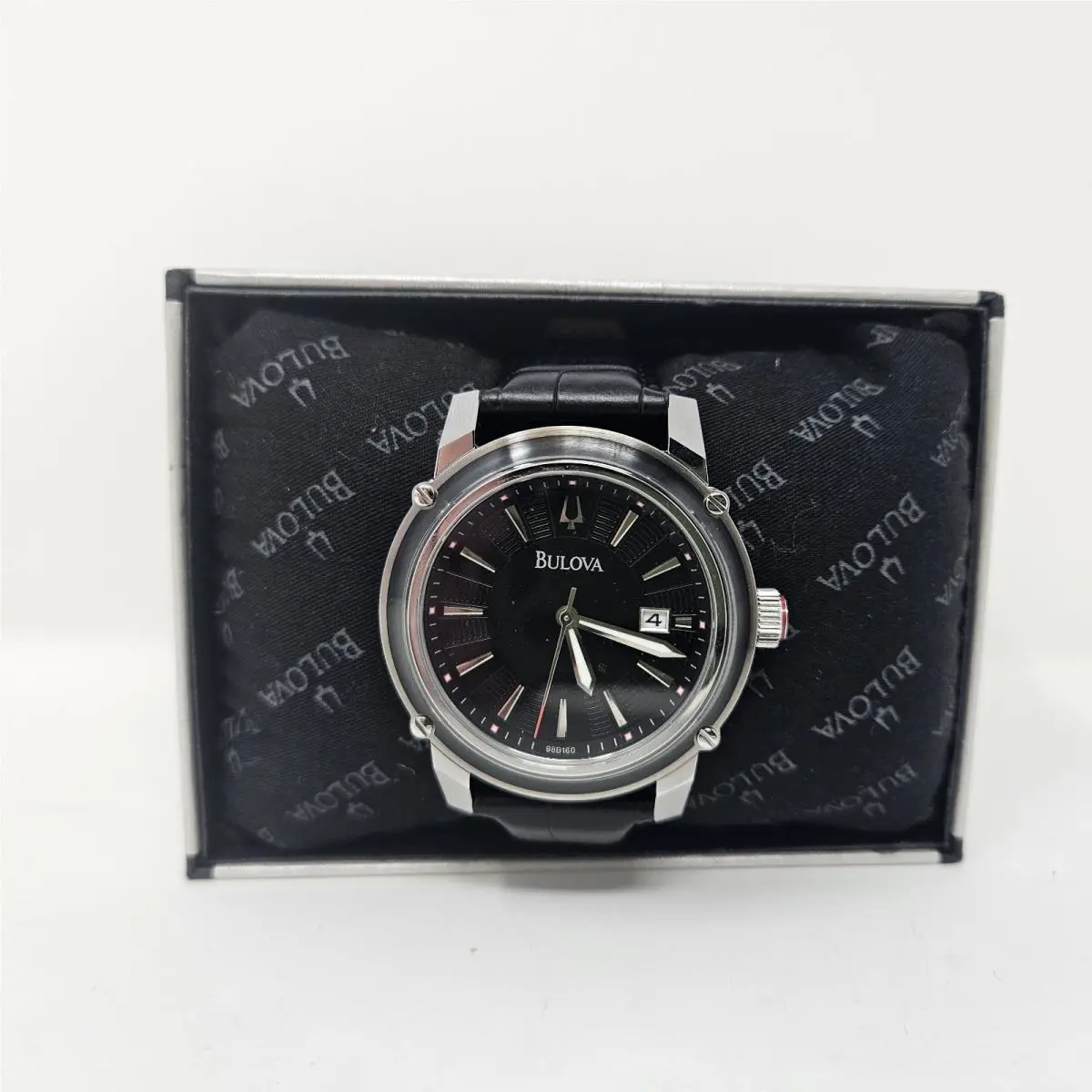 Men`s Bulova Watch 98B160 / Black Dial / Silver Case / Leather Strap /
