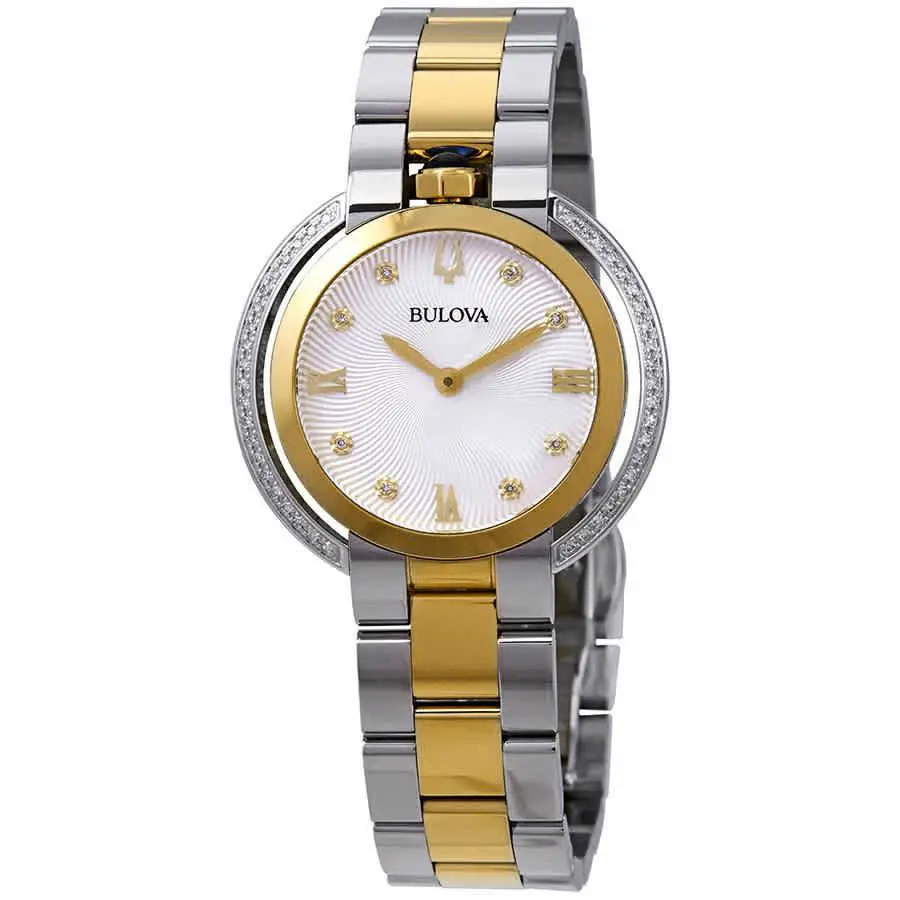 Bulova Rubaiyat Diamond White Dial Two-tone Ladies Watch 98R246 - Dial: Gold, Band: Silver, Gold, Bezel: Gold, Pink, Rose Gold