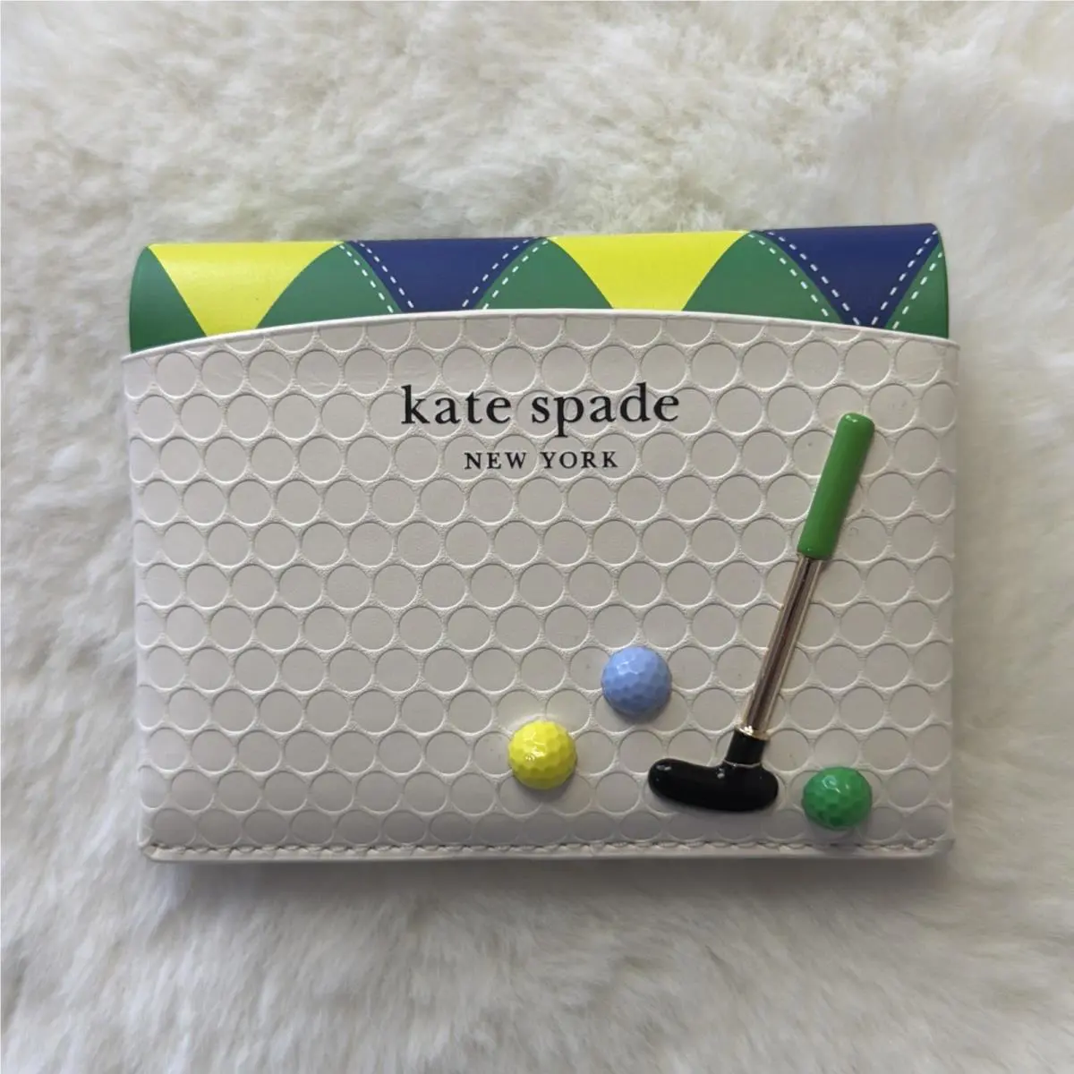 Kate Spade Golf Tee Time Leather Card Case Mini Wallet White Multi