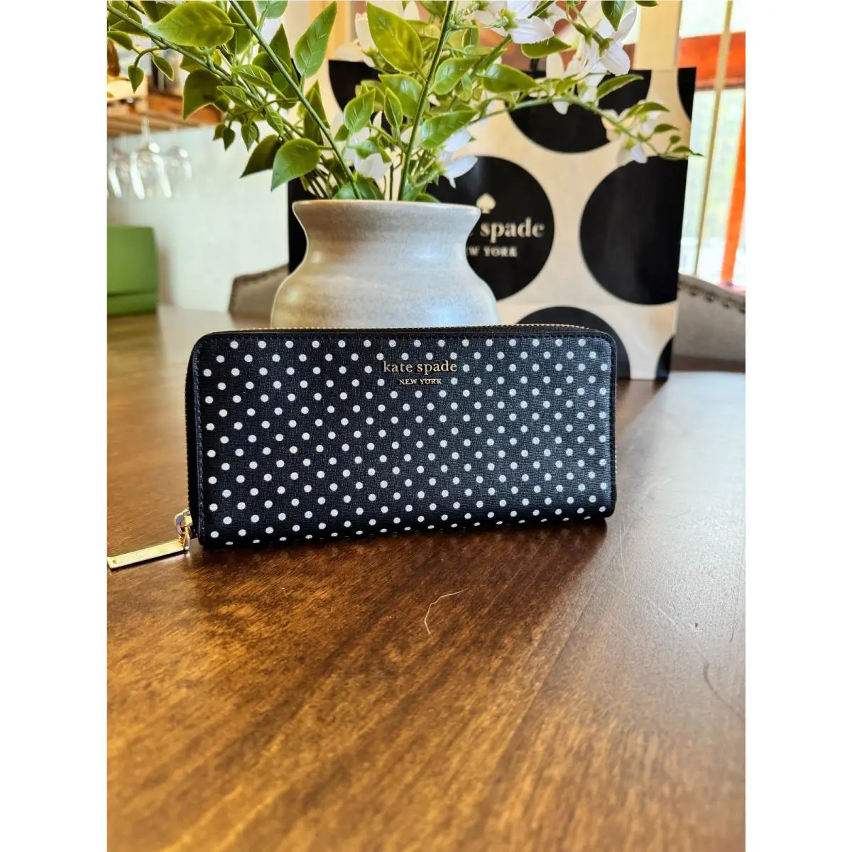 Kate Spade Spencer Slim Zip Around Continental Wallet Black w/ Metallic Dot