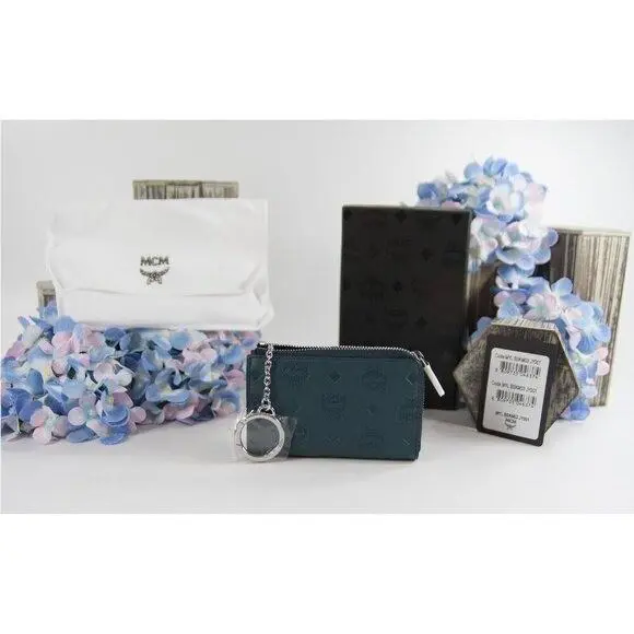 Mcm Klara Logo Embossed Deep Teal Leather Zip Card Case Mini Wallet