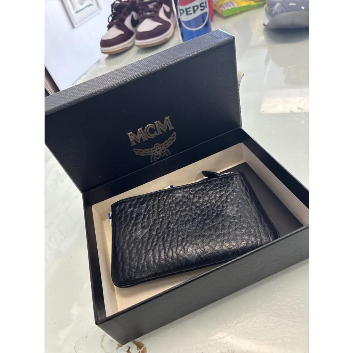 Mcm Mini Visetos Card Case Key Pouch Black Grey W/ Box