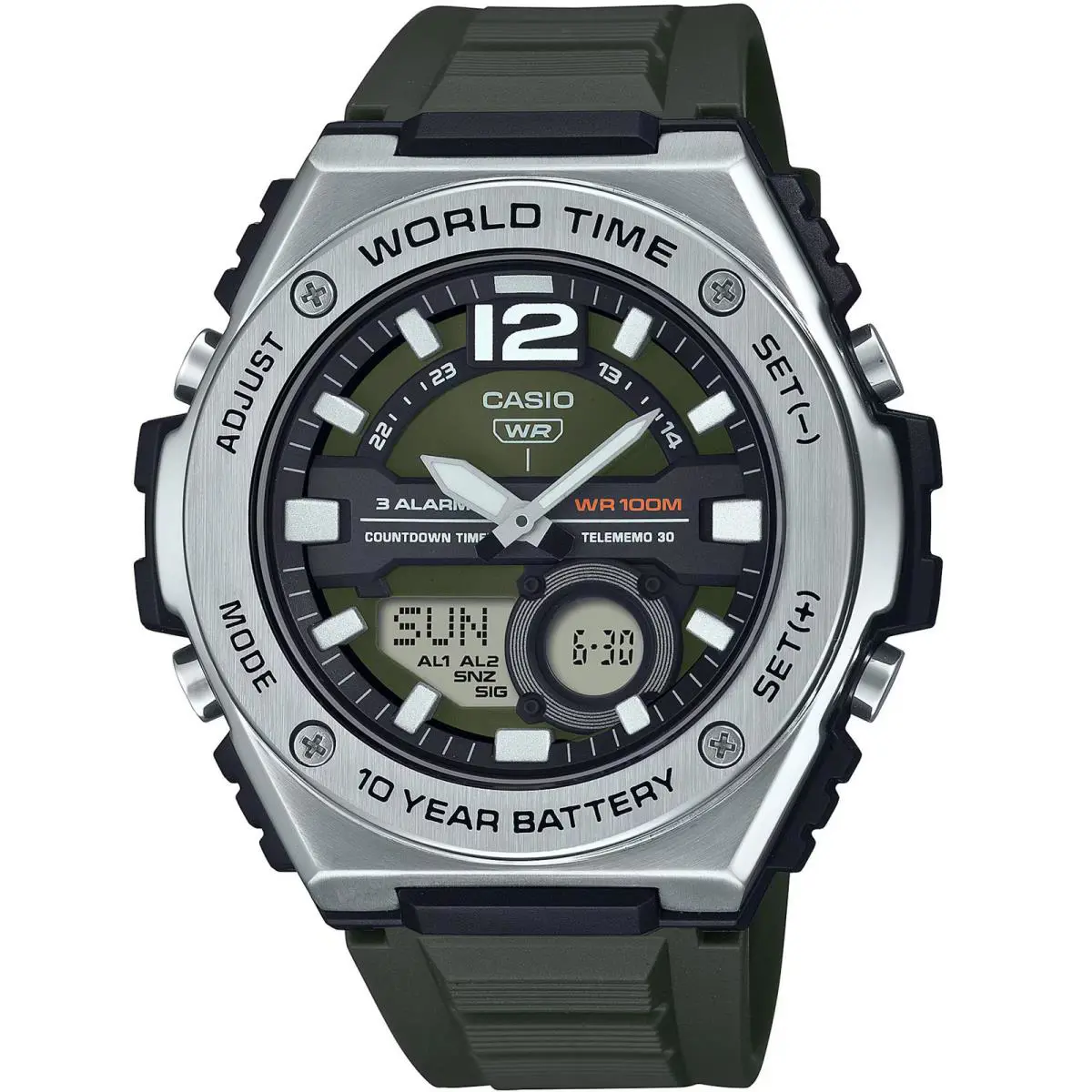Casio Men`s Watch World Time Black and Green Analog-digital Dial MWQ-100-3AVCF