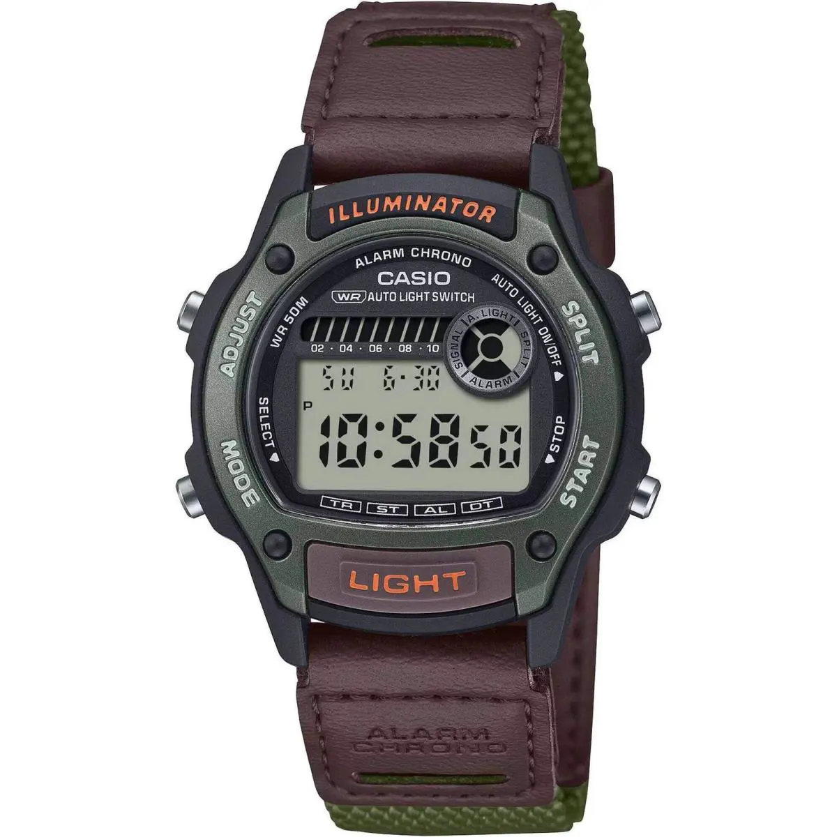 Casio Unisex Watch Alarm Digital Dial Brown and Green Strap W-220HF-3AVCF
