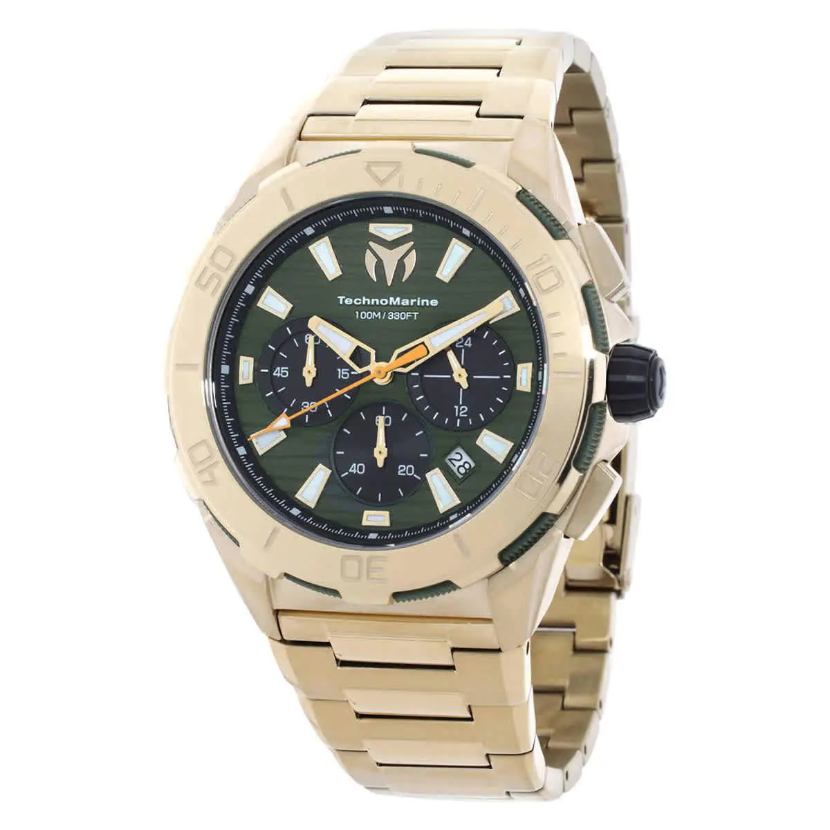 Technomarine Seven Seas Gmt Chronograph Olive Green and Black Dial Men`s Watch - Dial: Olive Green, Band: Gold-tone, Bezel: Two-tone (Black and Gold)