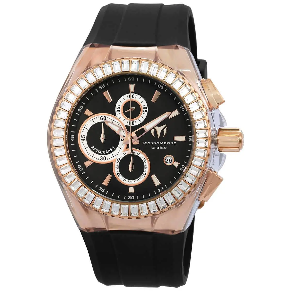 Technomarine Cruise Chronograph Quartz Crystal Black Dial Men`s Watch TM-121162 - Dial: Black, Band: Black, Bezel: Rose Gold-tone