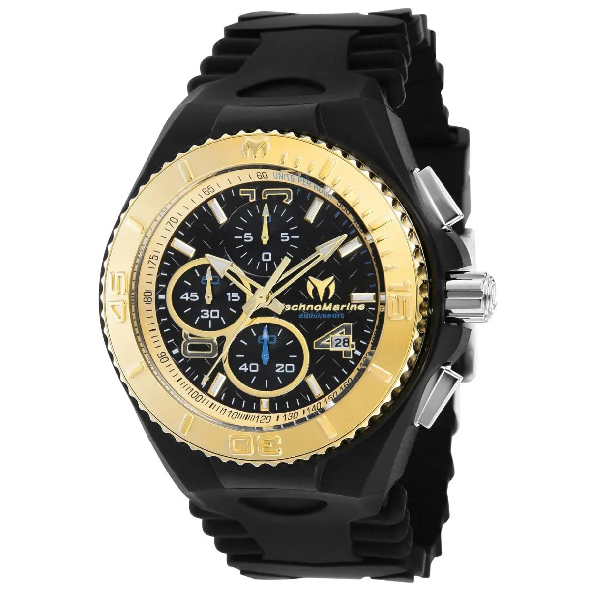 Technomarine TM-115111 Men`s Cruise Jellyfish Black Retro Strap Gold Bezel 46mm - Dial: Black, Band: Black, Bezel: Black