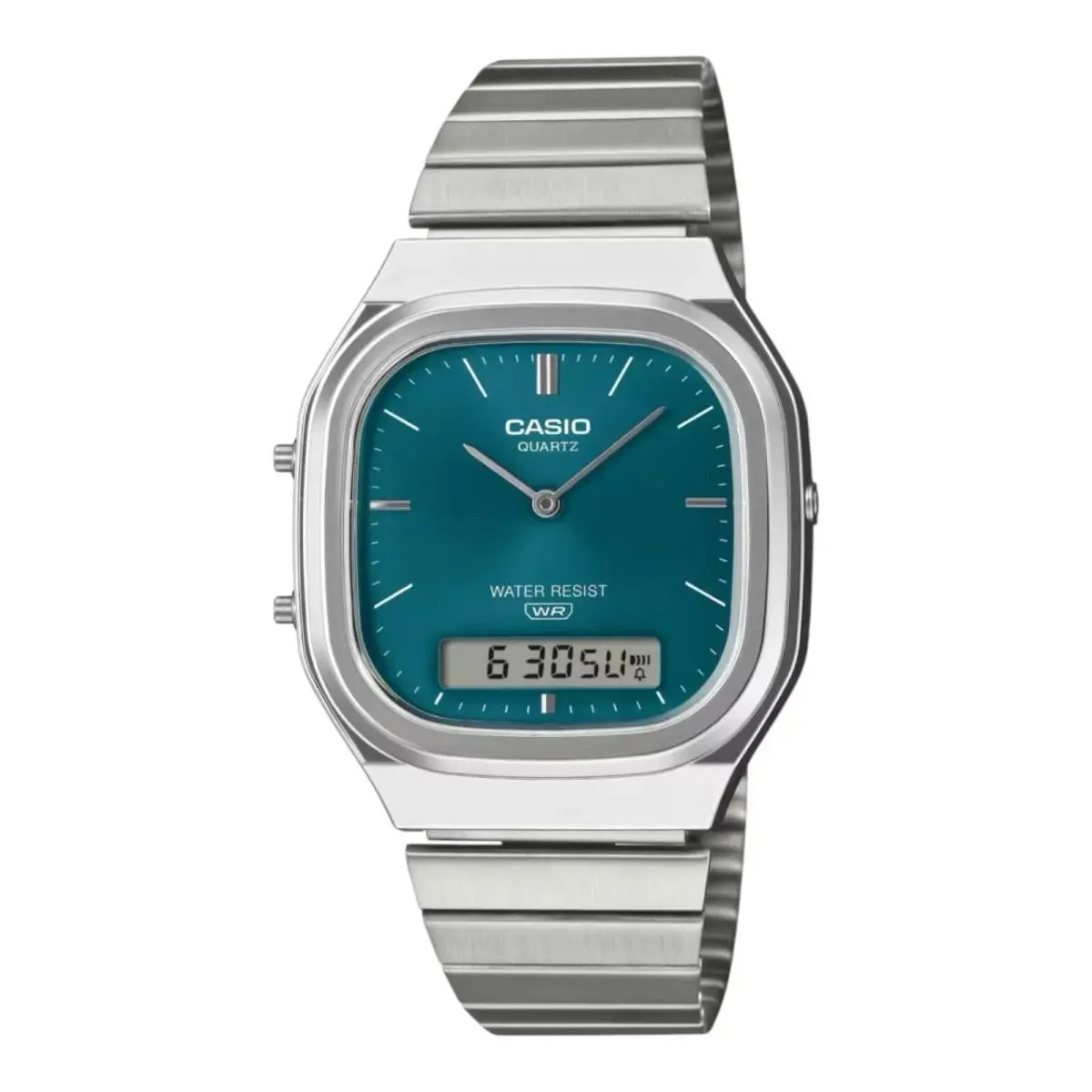 Casio AQ240E-3A Vintage Analog Digital Watch Green Dial Steel Bracelet
