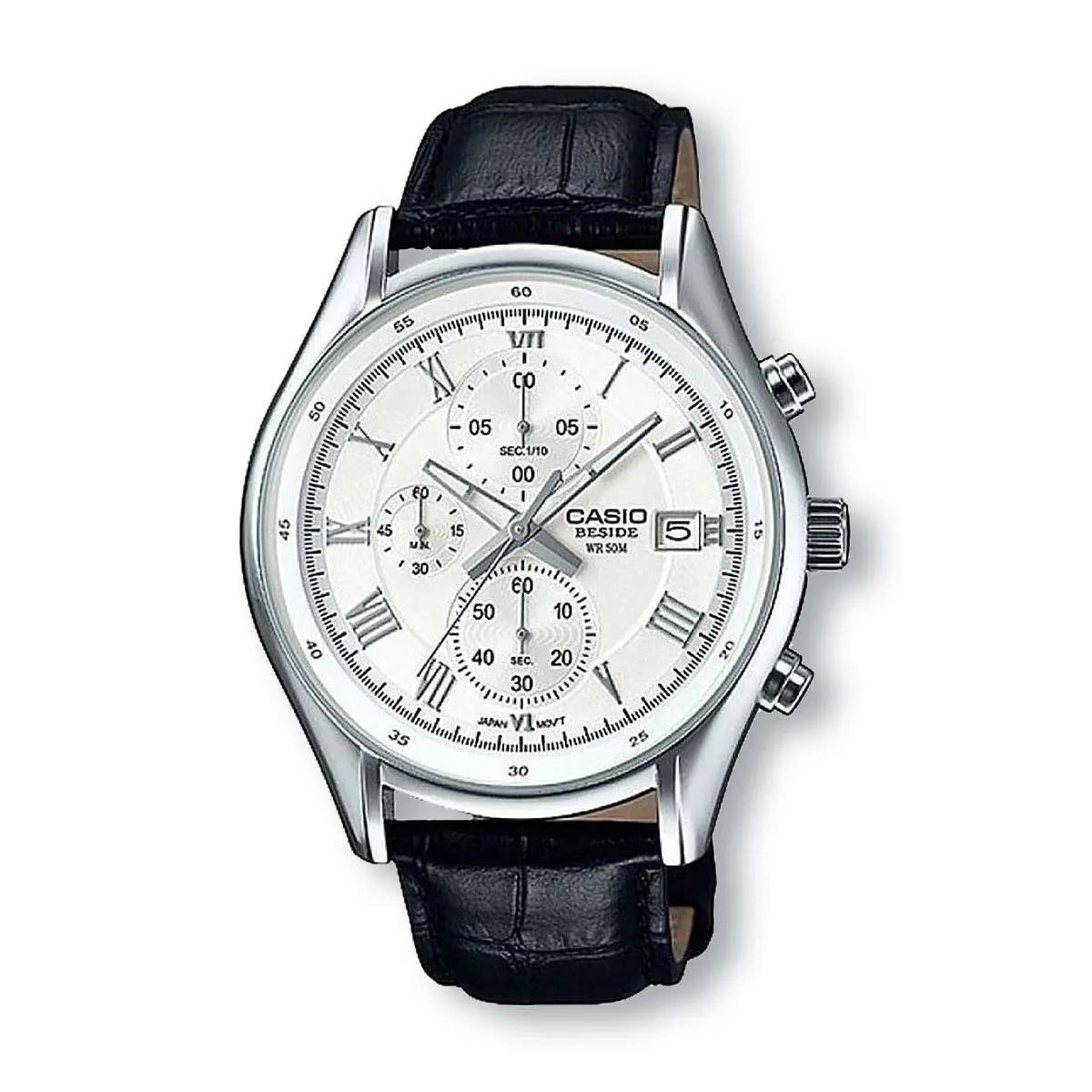 Casio Beside BEM512L-7A Quartz Chronograph Black Leather Band Watch White Dial