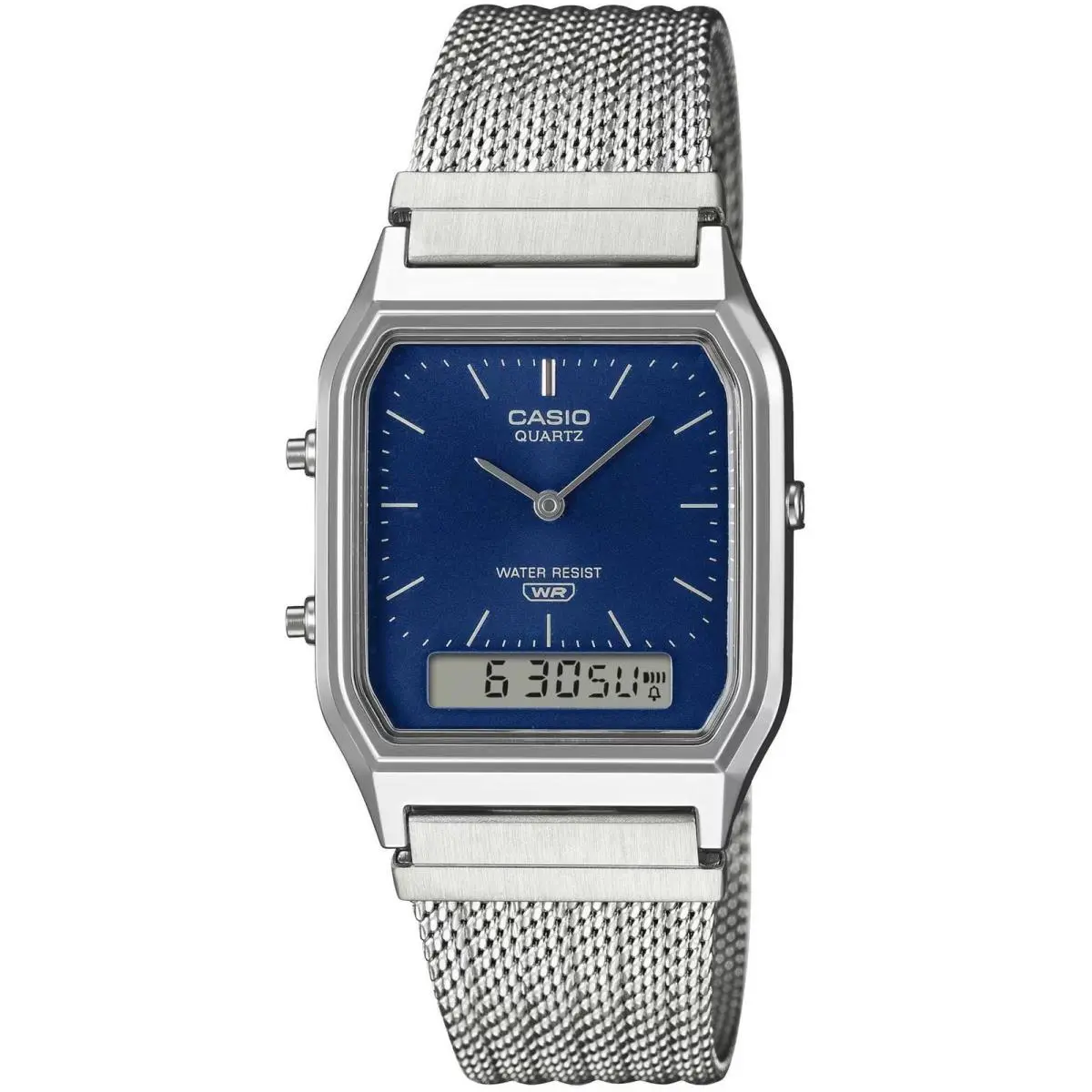 AQ-230EM-2A Navy Analog Digital Watch Stainless Steel Mesh Band Unisex by Casio