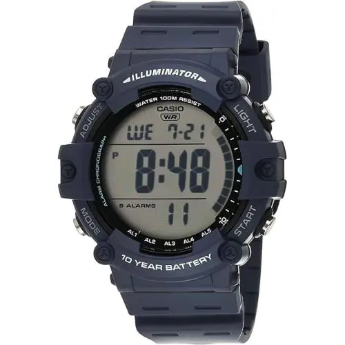 Casio Illuminator AE1500WH Series 10-Year Battery Led Backlight Men`s Watch - Band: Black, Blue, Bezel: Blue