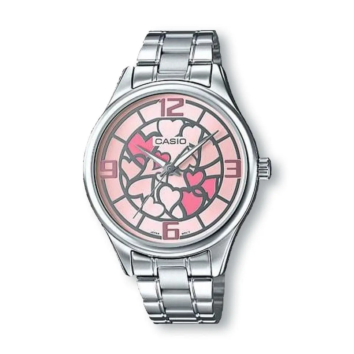 Casio LTPE128D-4A Stainless Steel Band Analog Watch Pink Heart Dial
