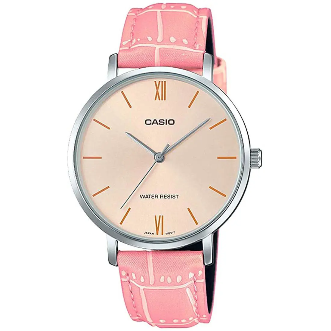 Casio LTP-VT01L-4B Women`s Minimalistic Peach Dial Pink Leather Band Watch