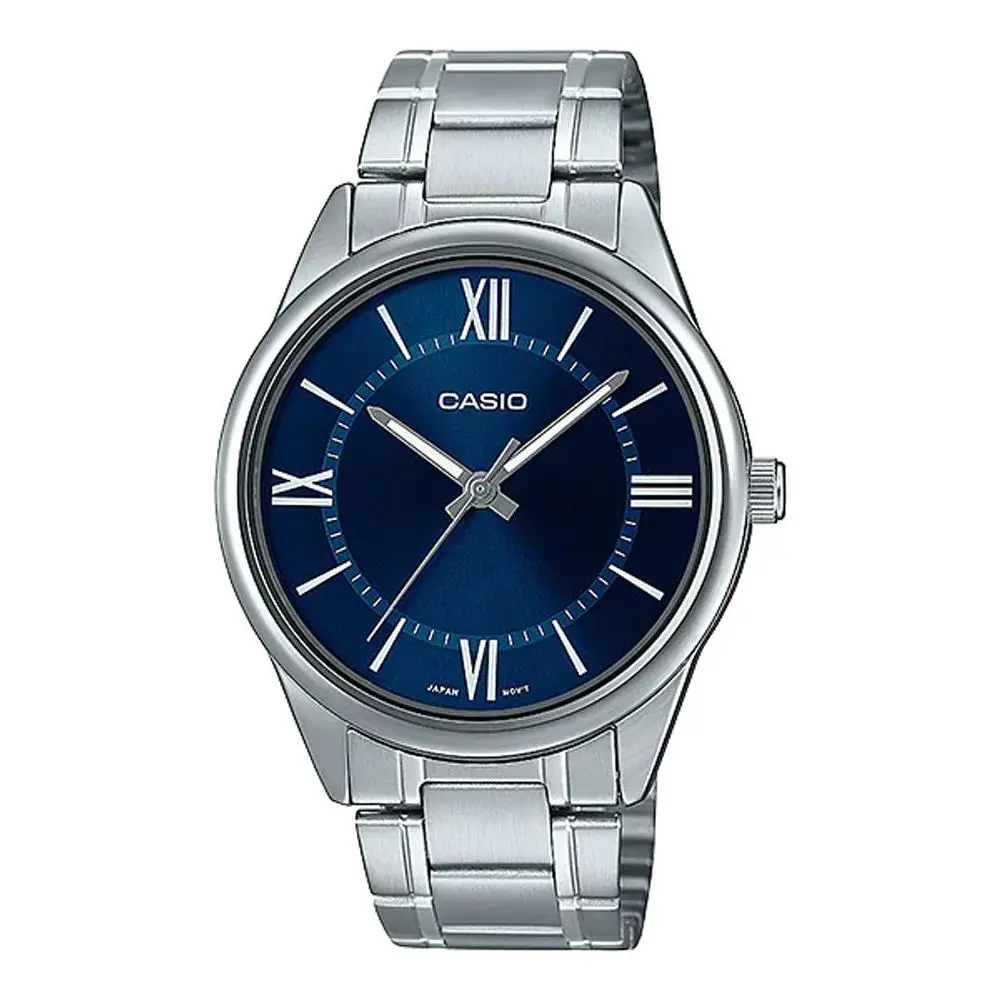 Casio MTP-V005D-2B5 Men`s Standard Stainless Steel Roman Blue Dial Watch - Dial: Blue, Band: Silver