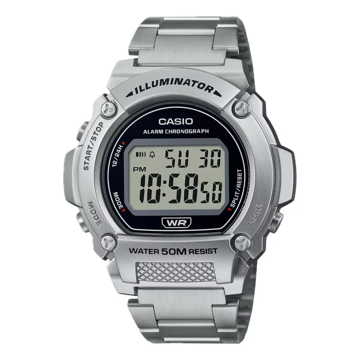 Casio Men`s Classic Digital Watch with Stainless Steel Band - W-219HD-1AVCF - Silver