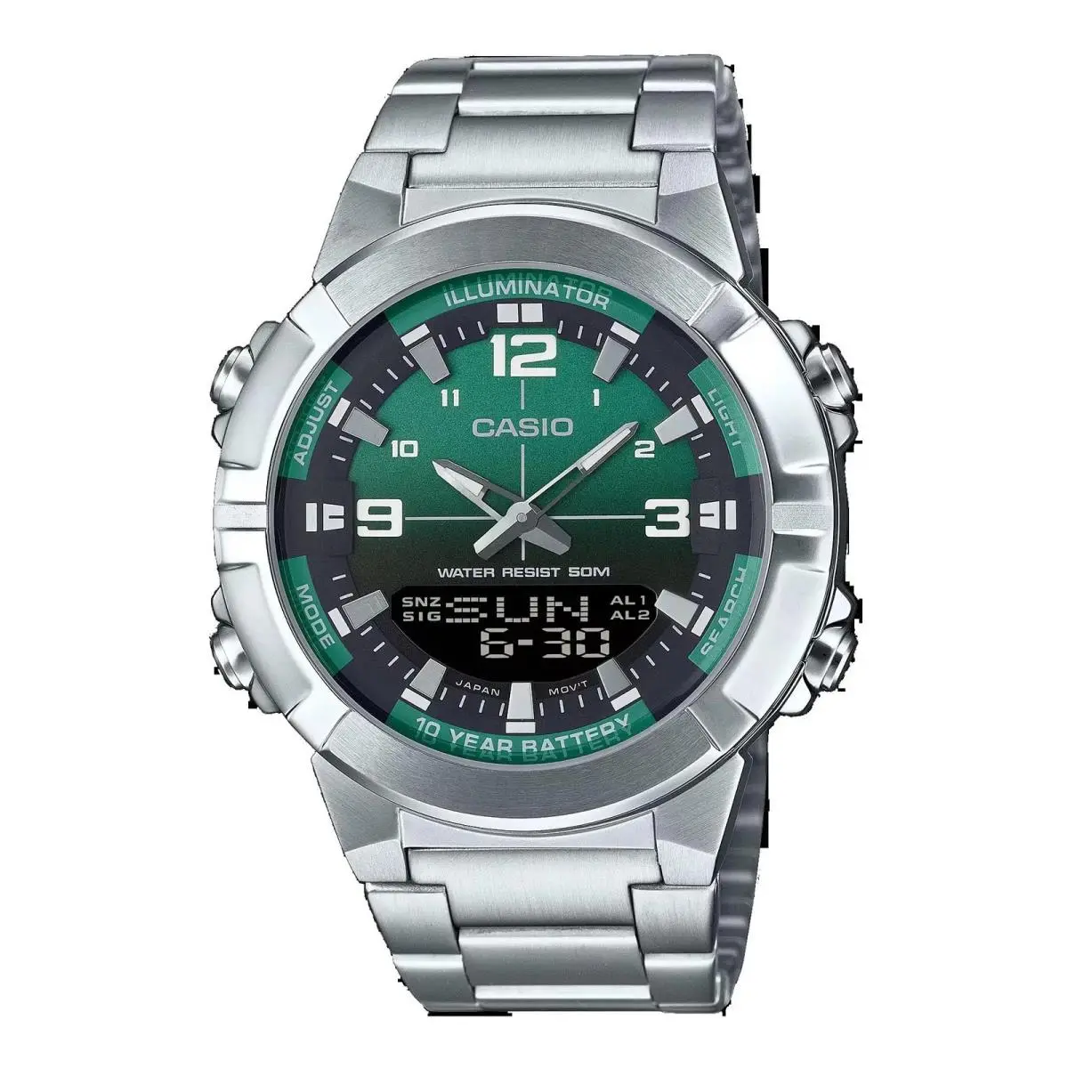 Casio AMW870DA-3AV Men`s Stainless Steel Green Dial Analog Digital Watch