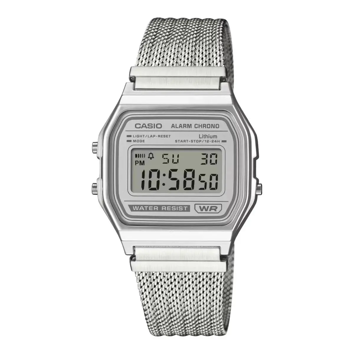 Casio A158WEM-7D Vintage Digital Watch Silver Mesh Band Retro Classic