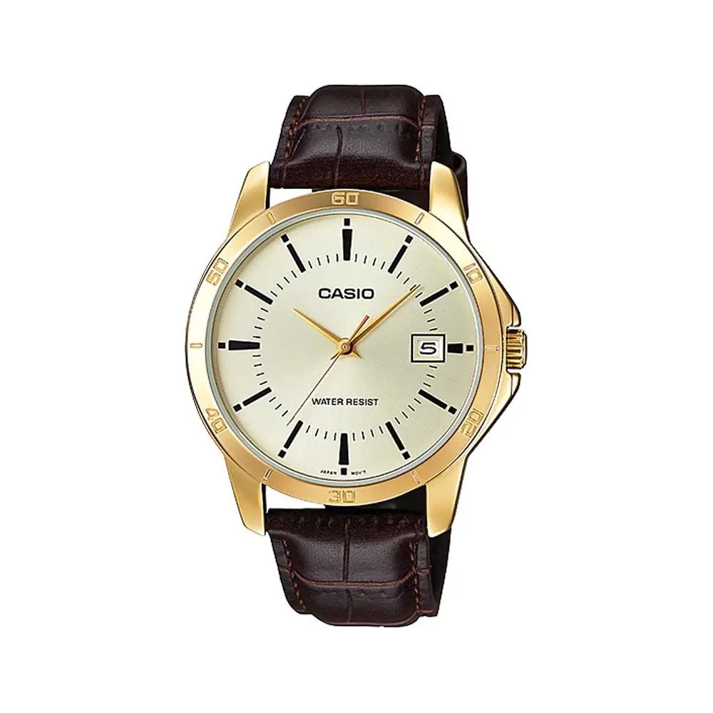Casio MTP-V004GL-9A Men`s Gold Tone Gold Dial Leather Band Analog Date Watch