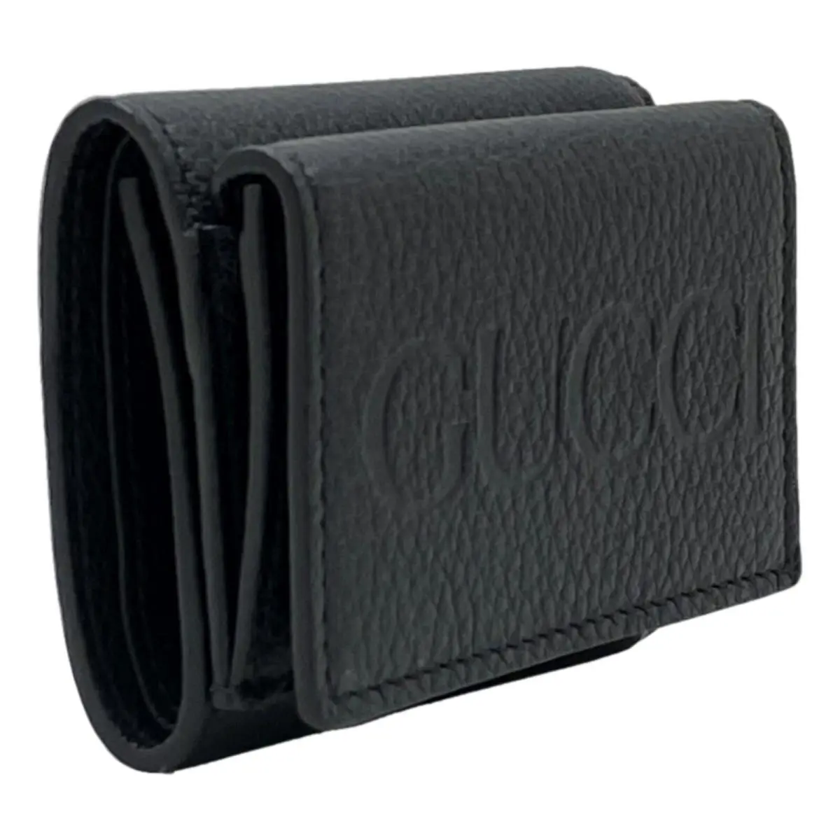 Gucci Embossed Logo Mini Tri-fold Wallet Black Pebbled Leather